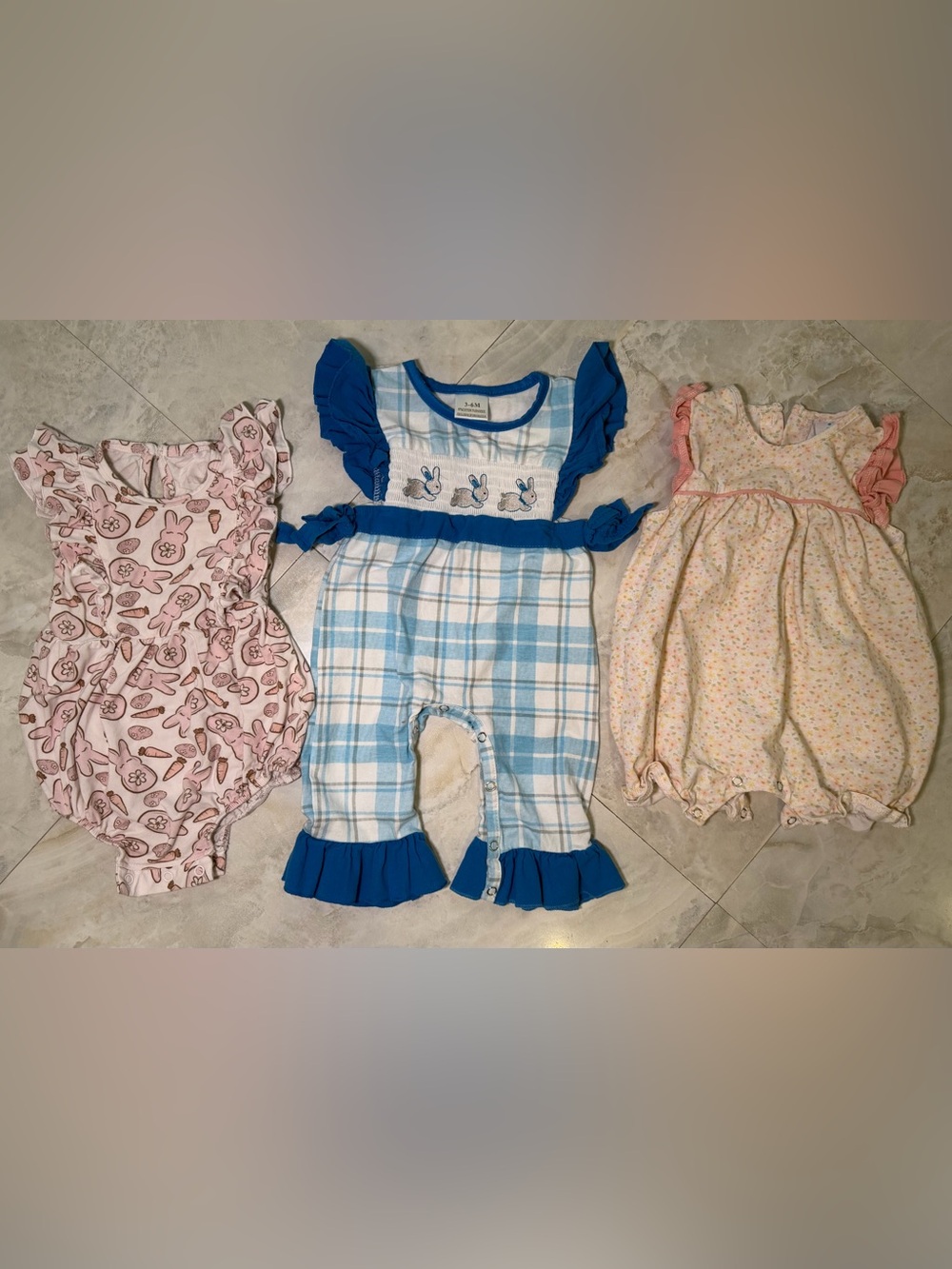 3 Easter Outfits- Caden Lane Pink Bunny Romper- Stitchy Fish Floral Bubble